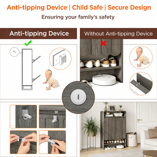 Shoe Storage Cabinet with Wave Panel Doors, 5-Tier Shoe Cabinet with Adjustable Shelves, 45'' Tall Freestanding Narrow Shoe Organizer for Entryway, Front Door, Hallway, Wood Legs, Gray