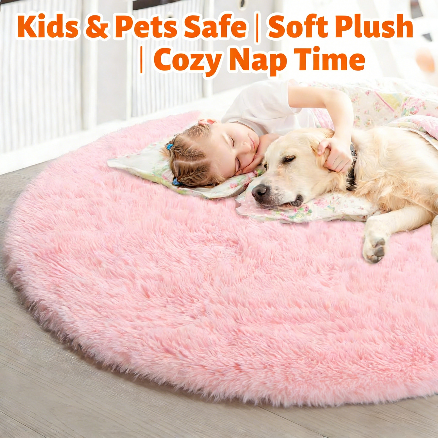 Fluffy shag rug perfect for bedrooms, nurseries, and playrooms. Adds a cute and aesthetic touch to any space.