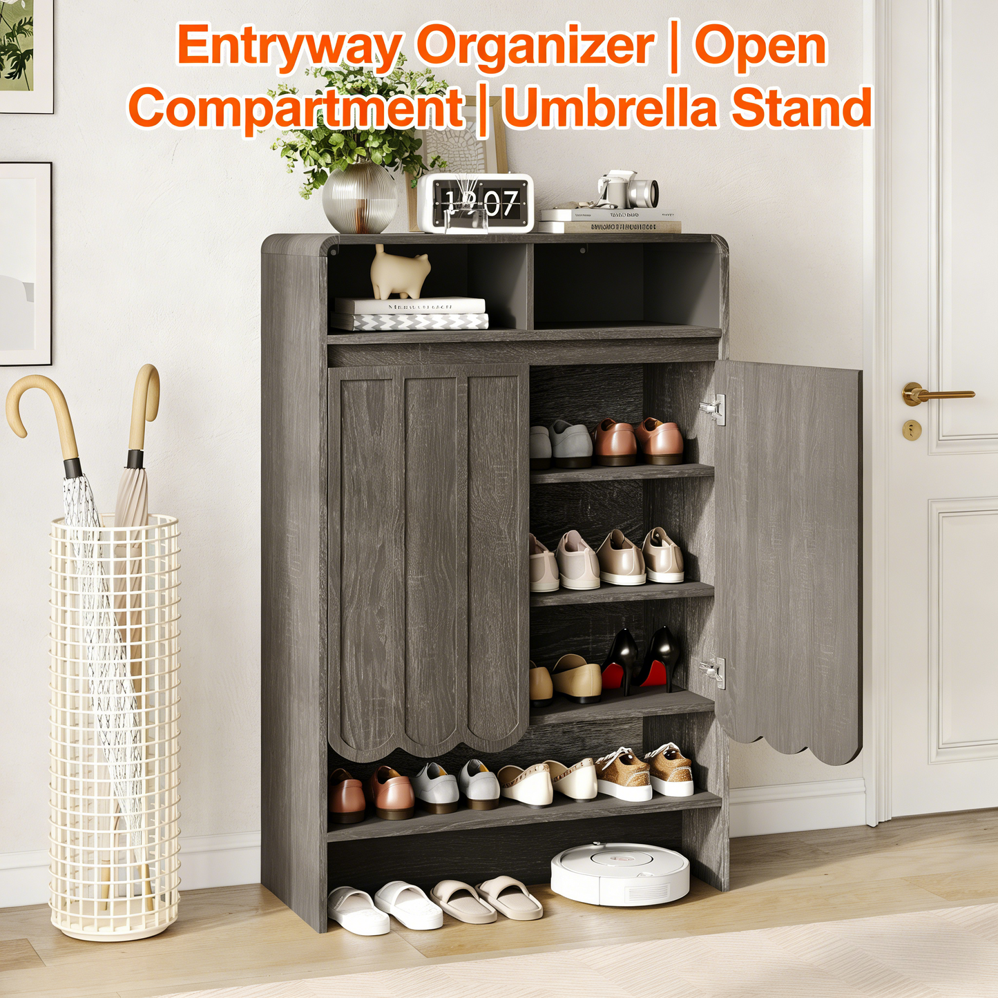 Shoe Storage Cabinet with Wave Panel Doors, 5-Tier Shoe Cabinet with Adjustable Shelves, 45'' Tall Freestanding Narrow Shoe Organizer for Entryway, Front Door, Hallway, Wood Legs, Gray