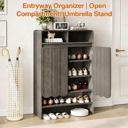 Shoe Storage Cabinet with Wave Panel Doors, 5-Tier Shoe Cabinet with Adjustable Shelves, 45'' Tall Freestanding Narrow Shoe Organizer for Entryway, Front Door, Hallway, Wood Legs, Gray