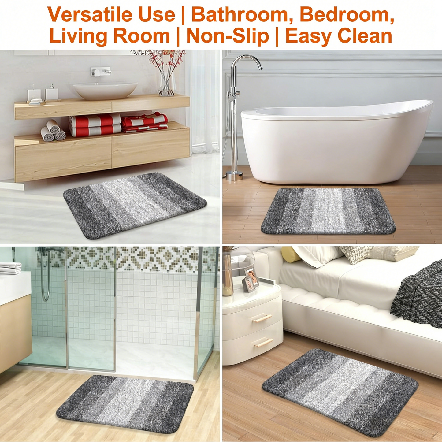 Bathroom Rug Mat 30x20, Soft & Absorbent Microfiber, Rubber Backing, Quick Dry, Machine Washable, for Bathroom Floor, Tub & Shower, Home Decor, Grey.