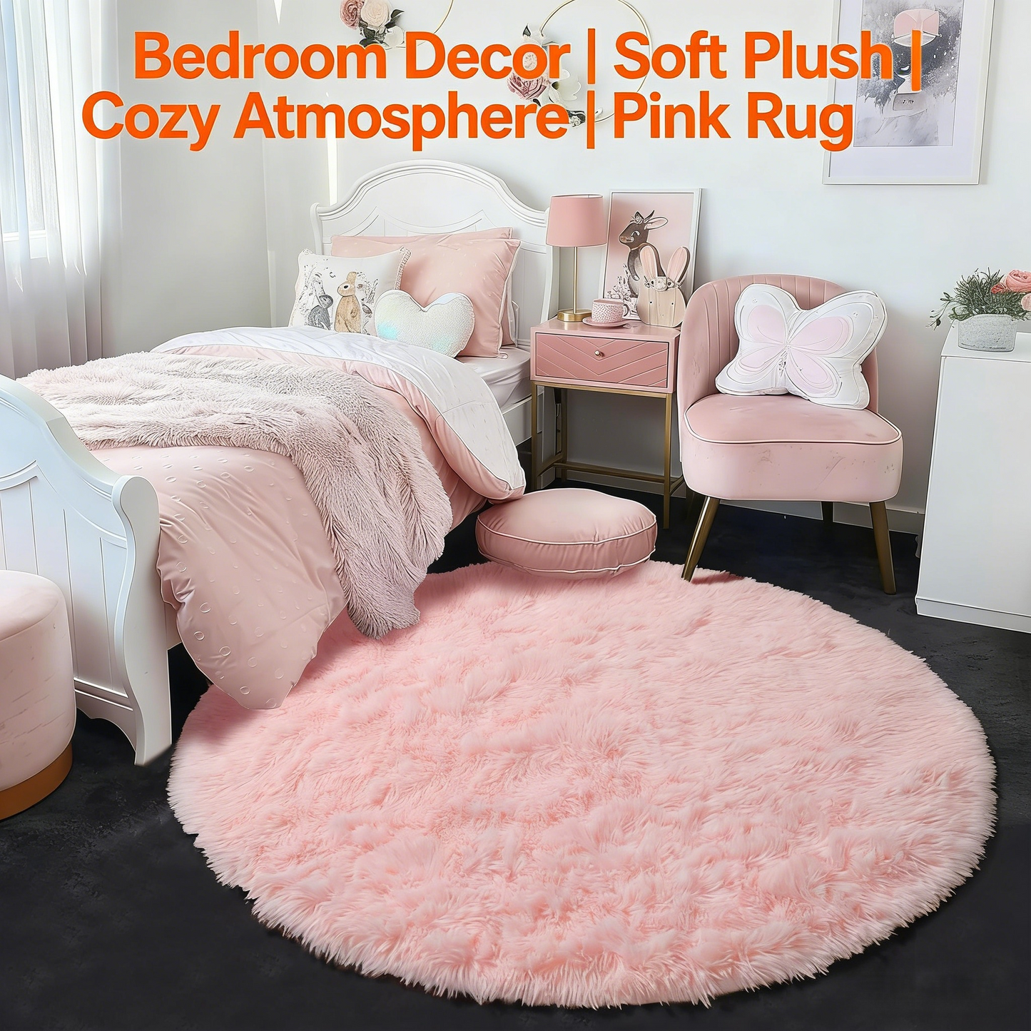 Fluffy shag rug perfect for bedrooms, nurseries, and playrooms. Adds a cute and aesthetic touch to any space.