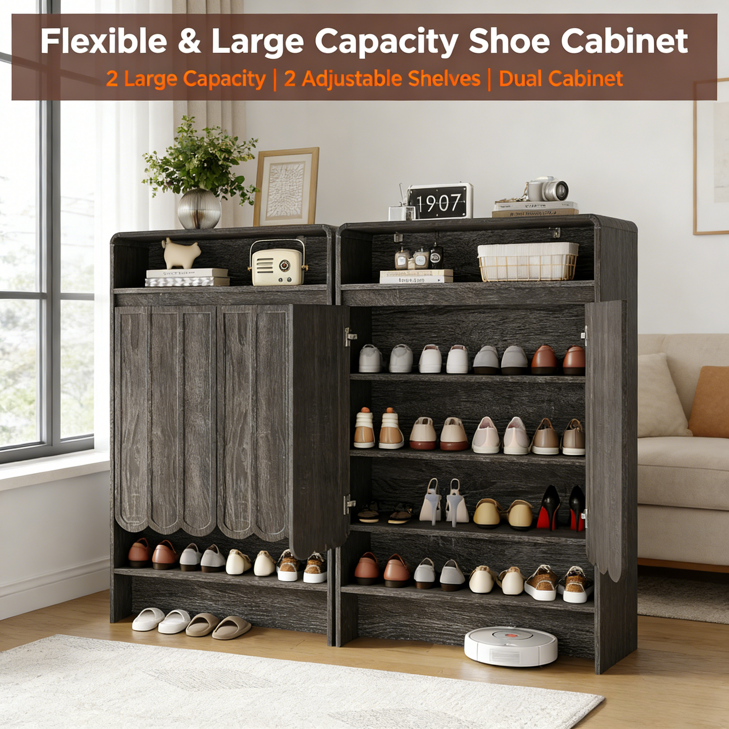 Shoe Storage Cabinet with Wave Panel Doors, 5-Tier Shoe Cabinet with Adjustable Shelves, 45'' Tall Freestanding Narrow Shoe Organizer for Entryway, Front Door, Hallway, Wood Legs, Gray