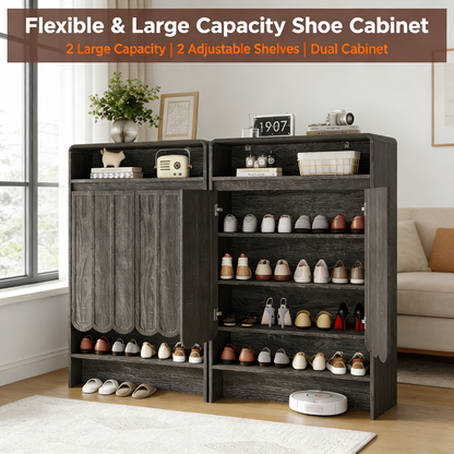 Shoe Storage Cabinet with Wave Panel Doors, 5-Tier Shoe Cabinet with Adjustable Shelves, 45'' Tall Freestanding Narrow Shoe Organizer for Entryway, Front Door, Hallway, Wood Legs, Gray