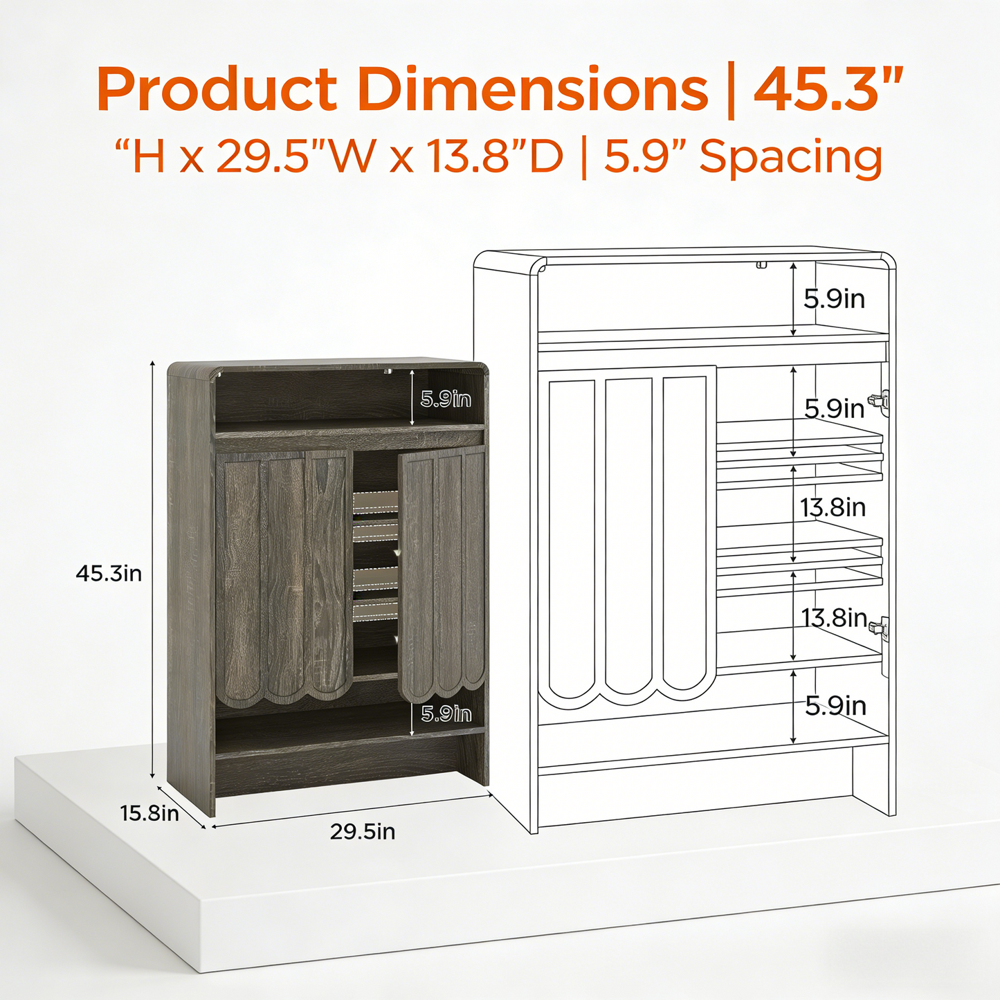 Shoe Storage Cabinet with Wave Panel Doors, 5-Tier Shoe Cabinet with Adjustable Shelves, 45'' Tall Freestanding Narrow Shoe Organizer for Entryway, Front Door, Hallway, Wood Legs, Gray